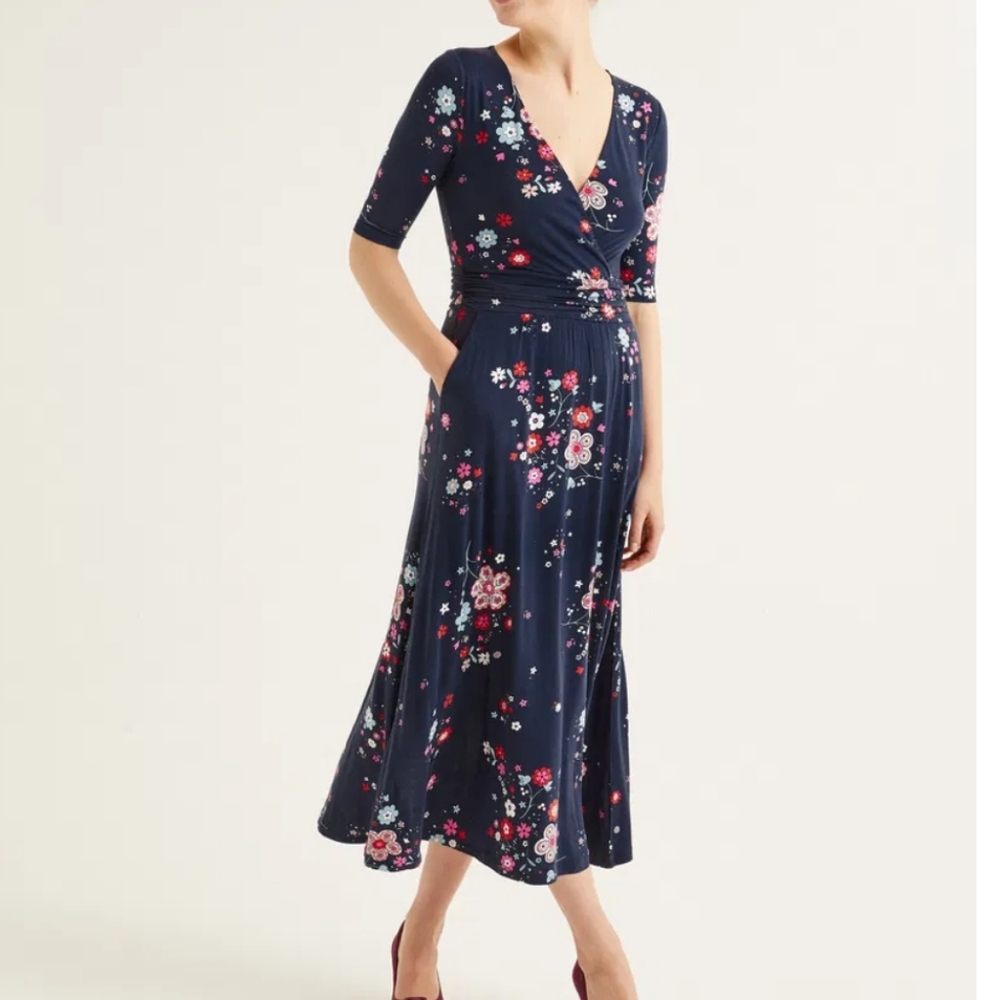 Boden Navy Floral Wrap Midi Dress